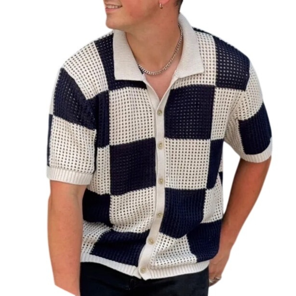 Art of Rhetoric Mens Checkerboard Crochet Knit Button Up Shirt Black Cream M